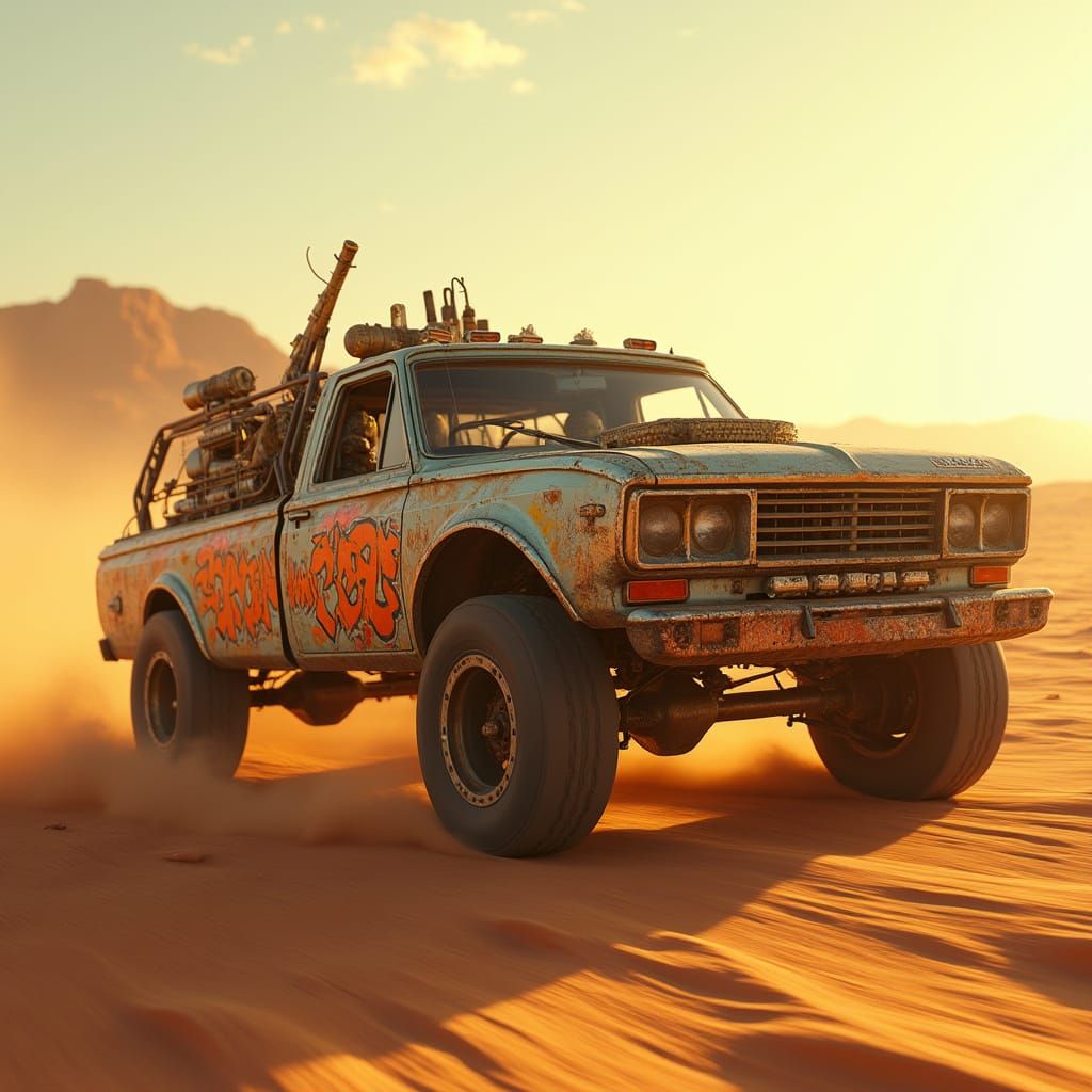 Armored Truck Speeds Across Desert Landscape