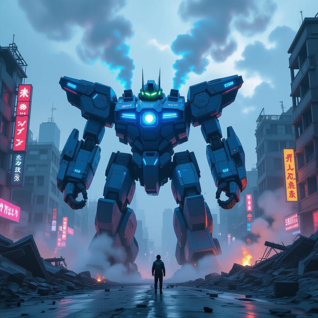 Colossal Mech Guardian in Ruined City