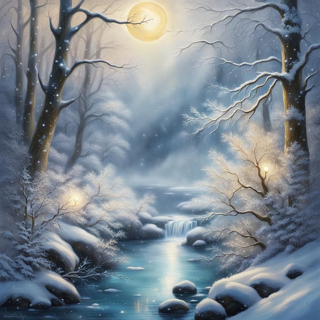 Winter Forest Stream in Crystal Art Style