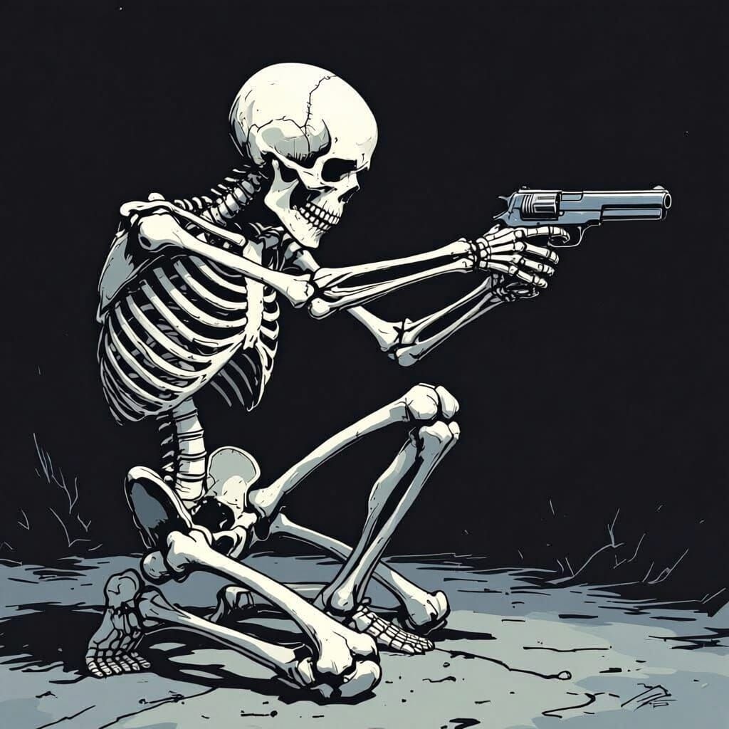 Skeleton Kneeling, Shooting Itself in Head in Grim Style