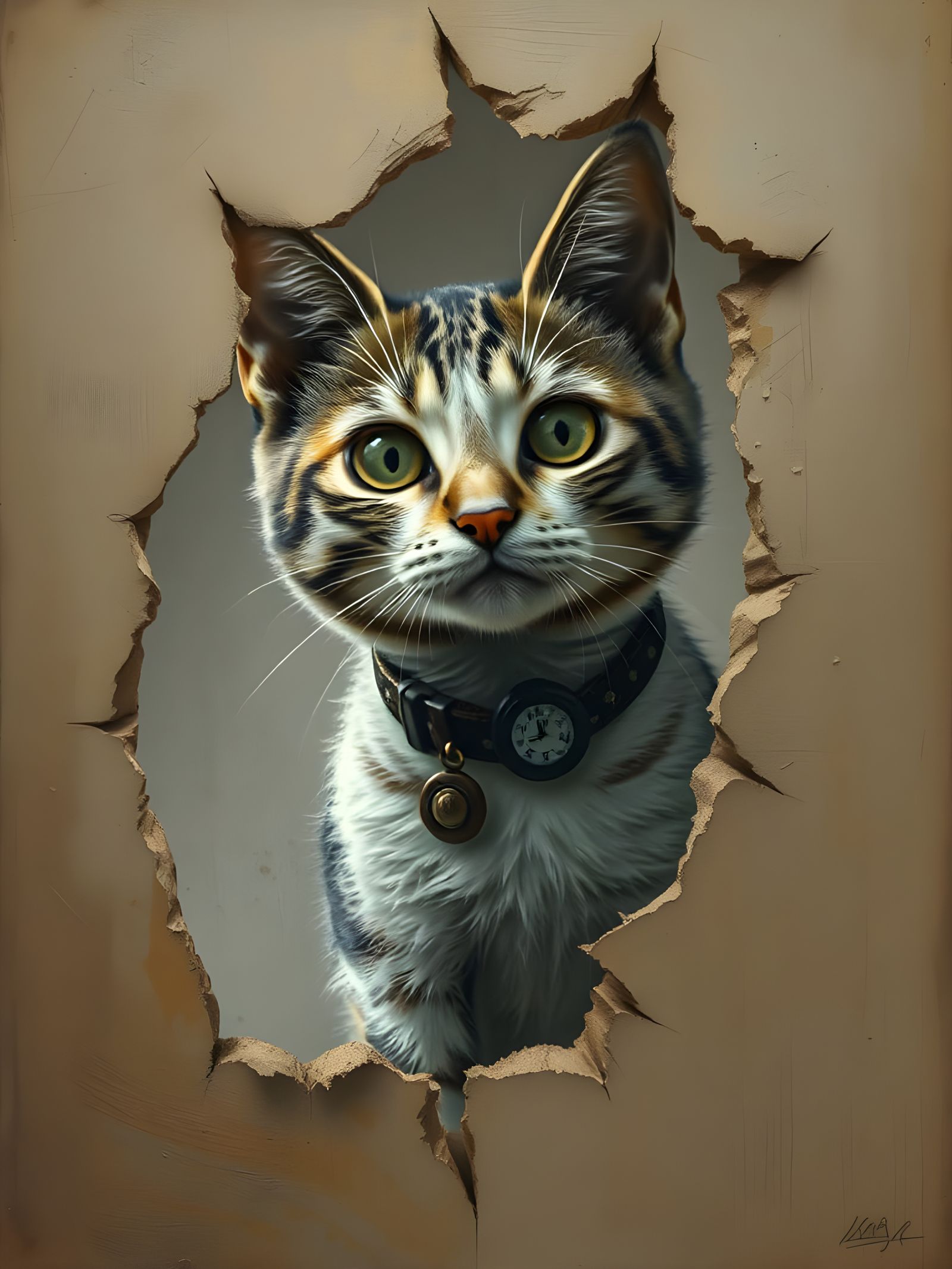 Cat Peeking Through Torn Vintage Poster
