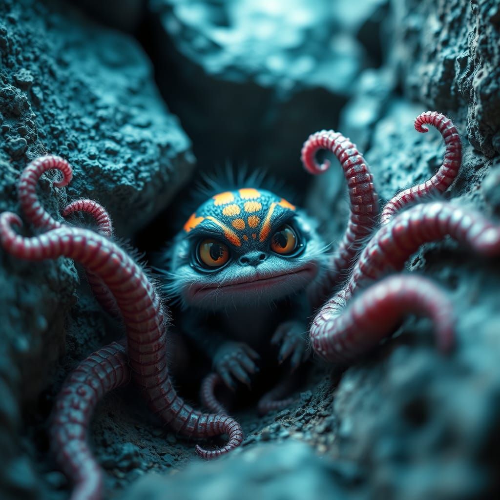 Angry Fluffy Creature with Neon Stripes and Tentacles