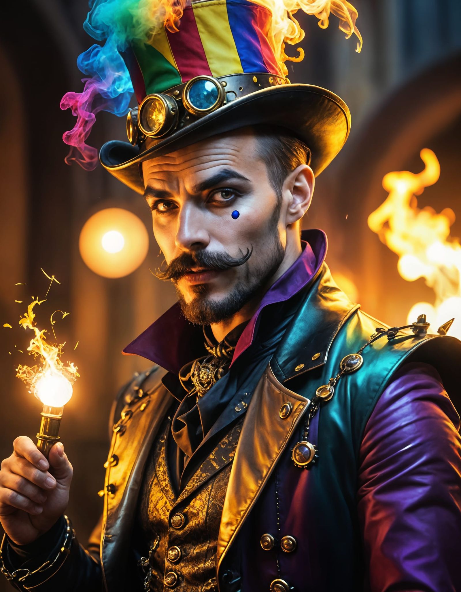 Steampunk Jester in Fiery Medieval Court