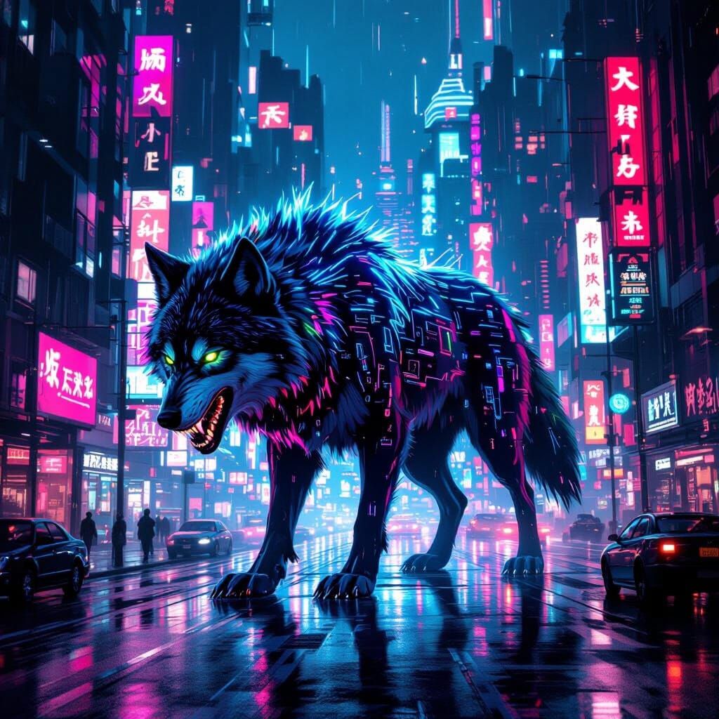 Bioluminescent Wolf Drifts Through Cyberpunk Cityscape
