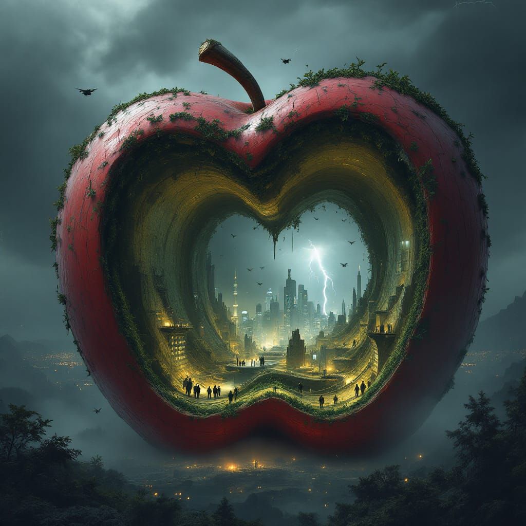 Colossal Apple City: Surreal Dystopian Vision