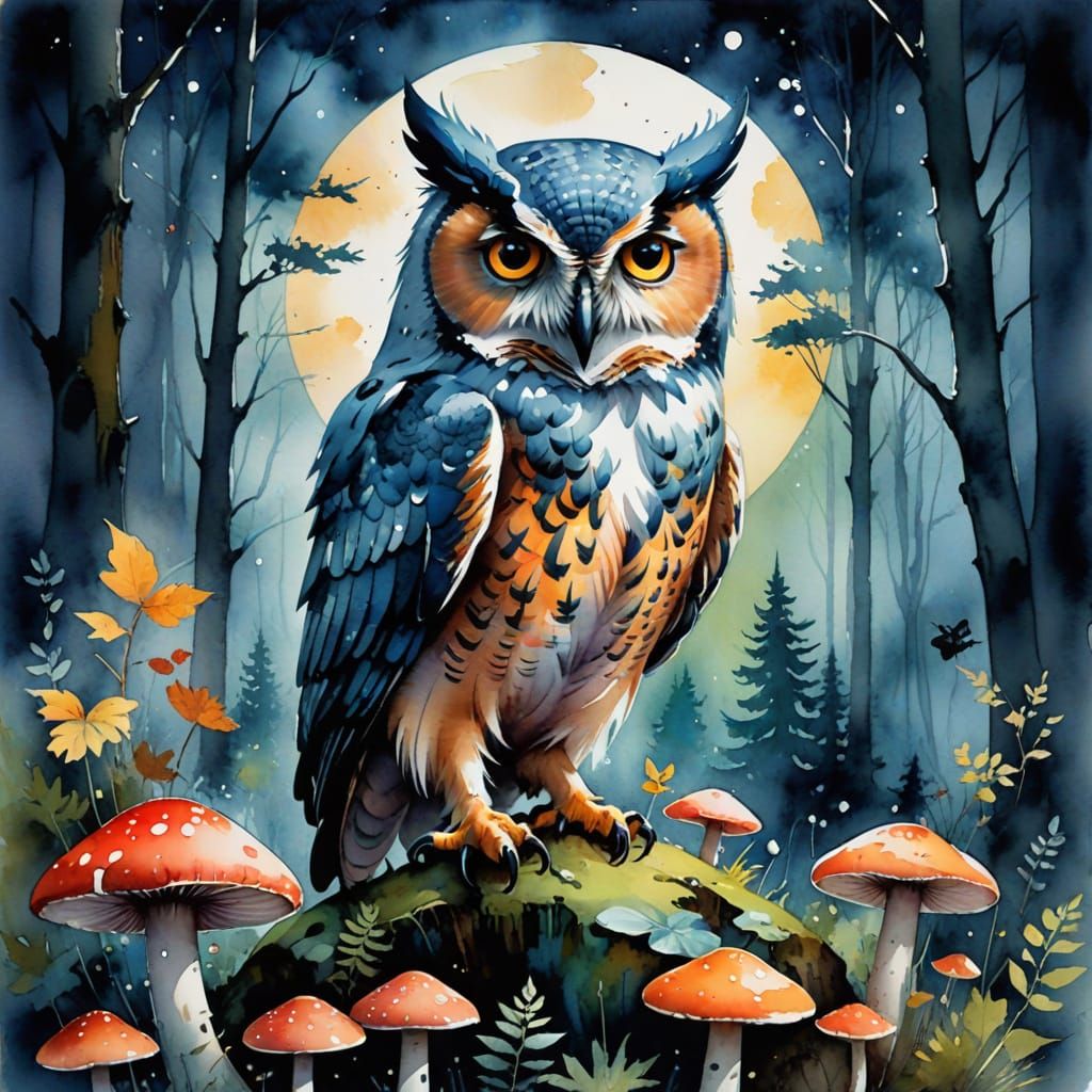 Moonlit Forest Scene with Wise Owl and Mushrooms in Watercol...