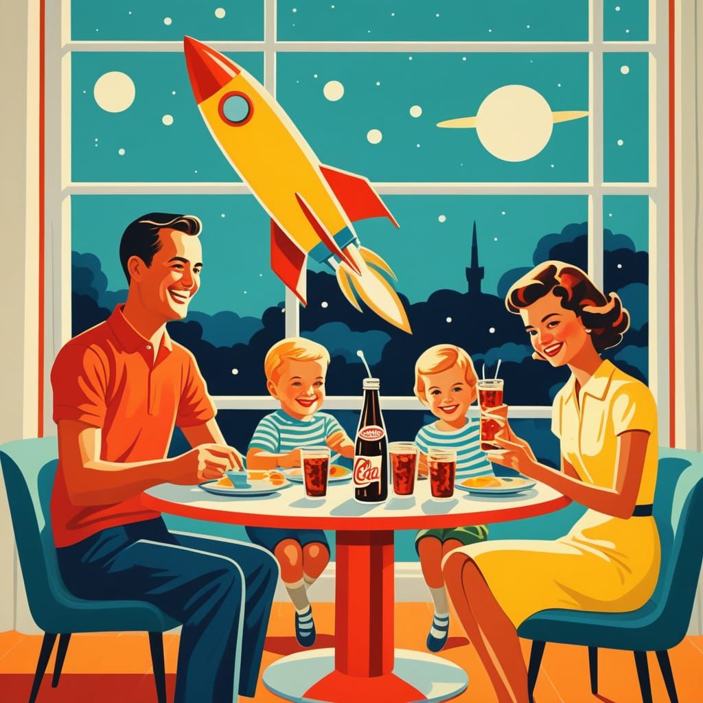 Family Enjoys Cosmic Cola in Mid-Century Print Ad Illustrati...