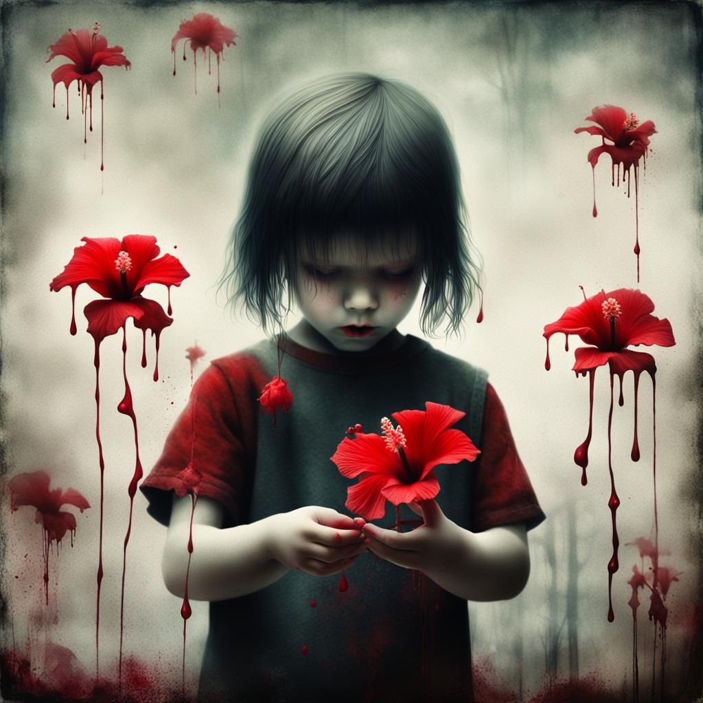 Boy Gives Hibiscus Flowers in Surreal Style