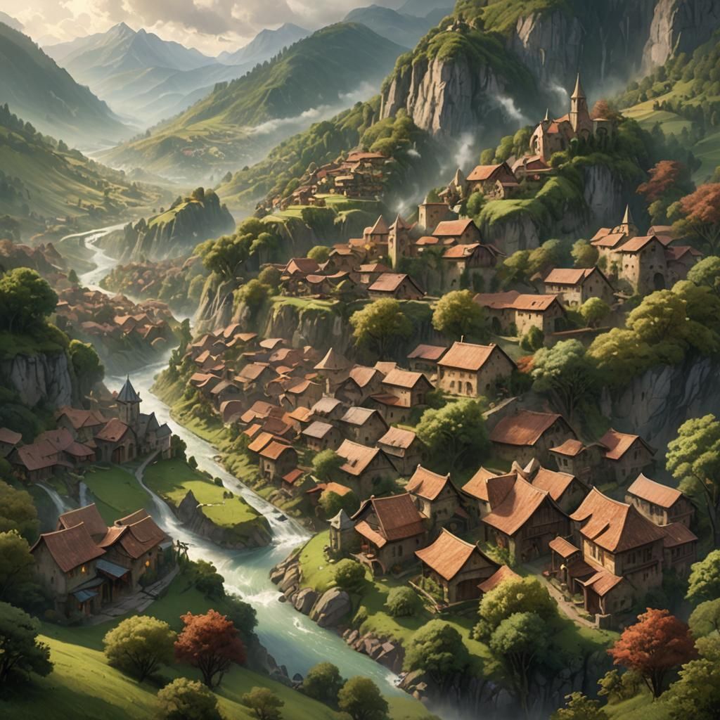 Serene Village in Valley: Detailed Matte Painting