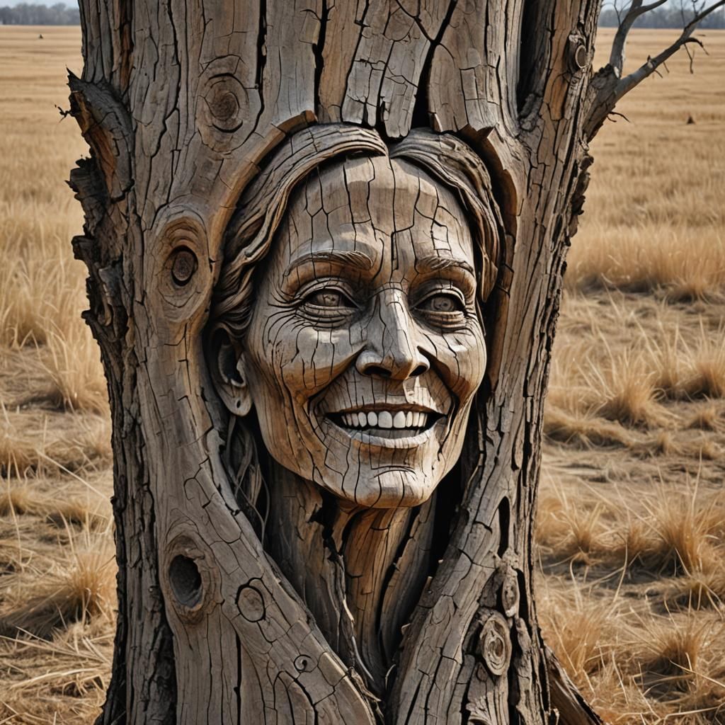 Detailed Carving of Woman on Dried Tree Trunk