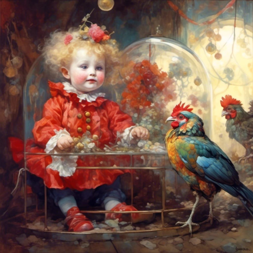 Melancholic Clown in Terrarium, Alphonse Mucha Style