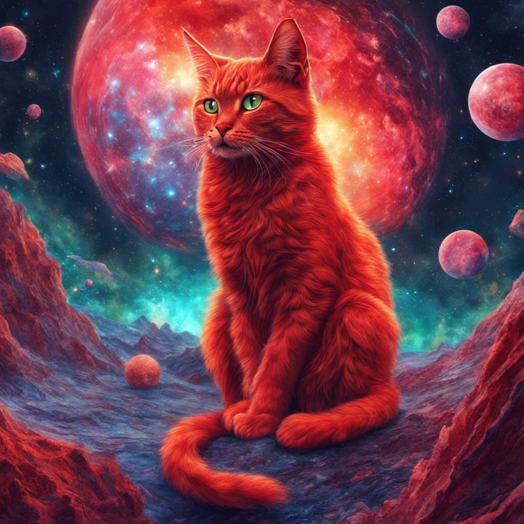 Astral Red Fire Cat on Cosmic Planet