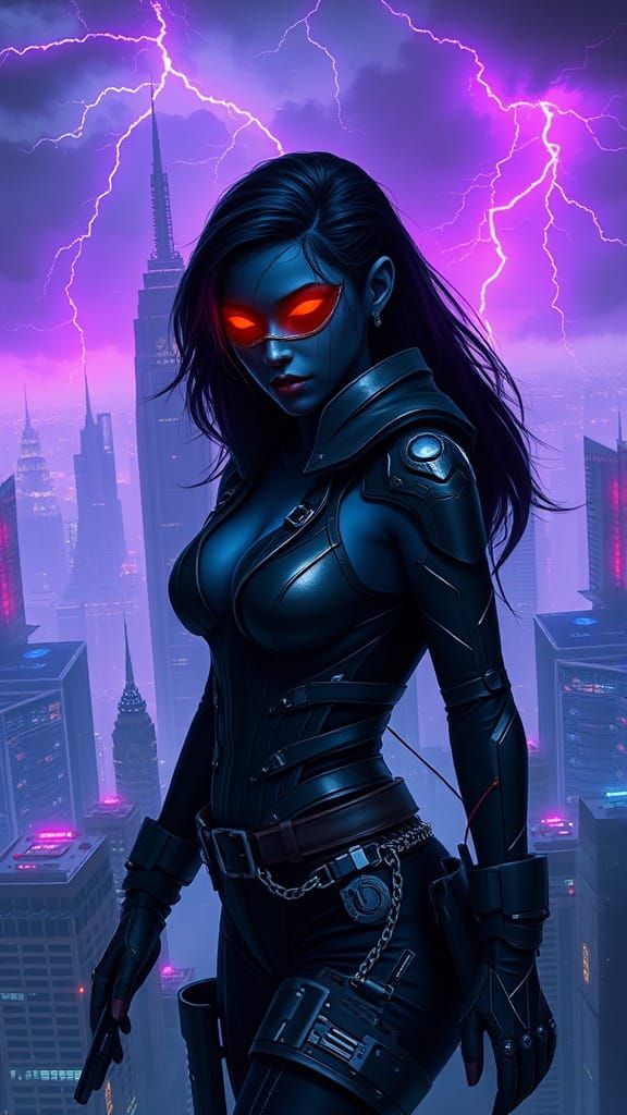 Dark Operative in Cyberpunk Cityscape