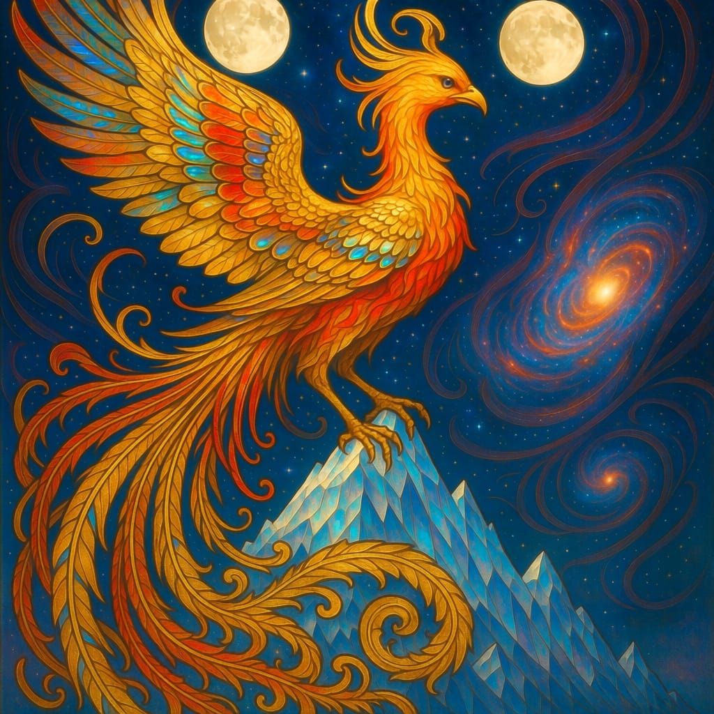Majestic Phoenix on Crystal Peak in Art Nouveau Style