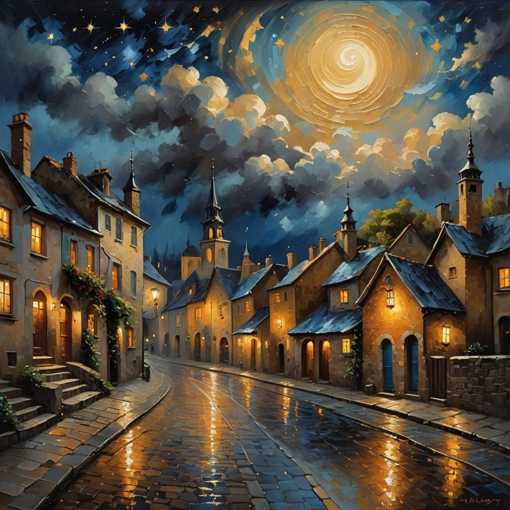 Night Village Under Swirling Starry Sky as Impasto Painting