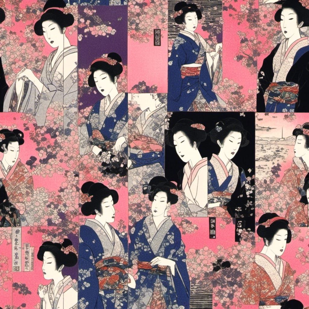 Yakuza Party Girls Under Moonlight in Ukiyo-e Style