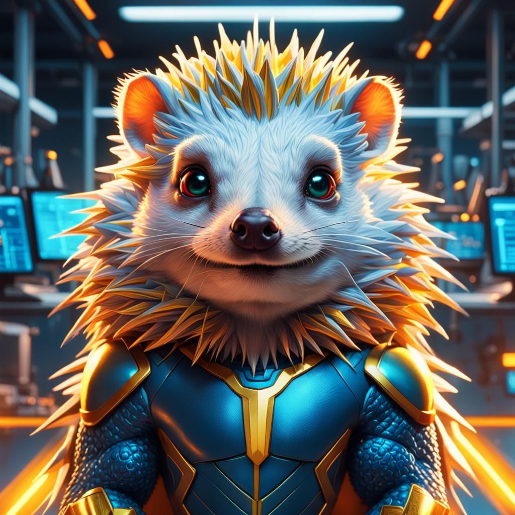 Sleek Superhero Hedgehog Hero in Neon-Lit Lab