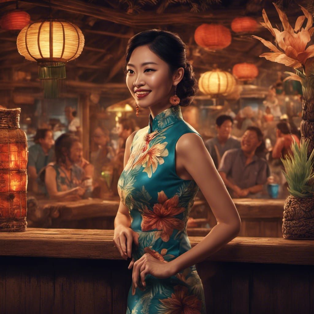 Asian Woman at Tiki Bar in Tropical Evening