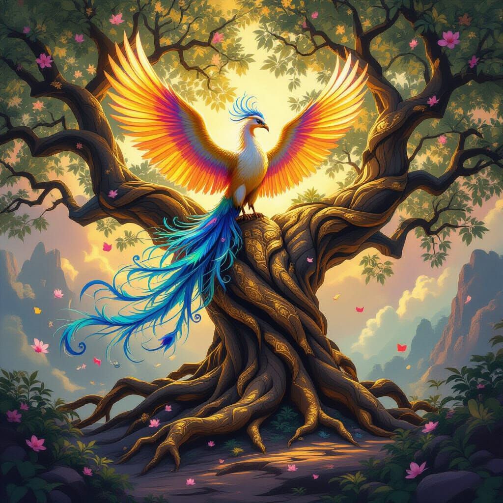 Majestic Phoenix on Ancient Gold-Rooted Tree