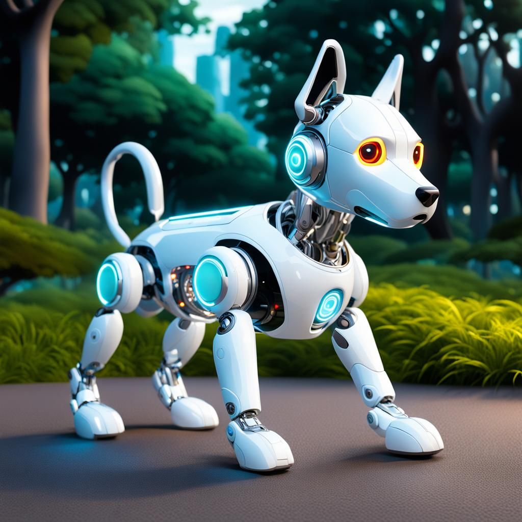 Cyborg Dog Frolics in Futuristic Park as Matte Painting