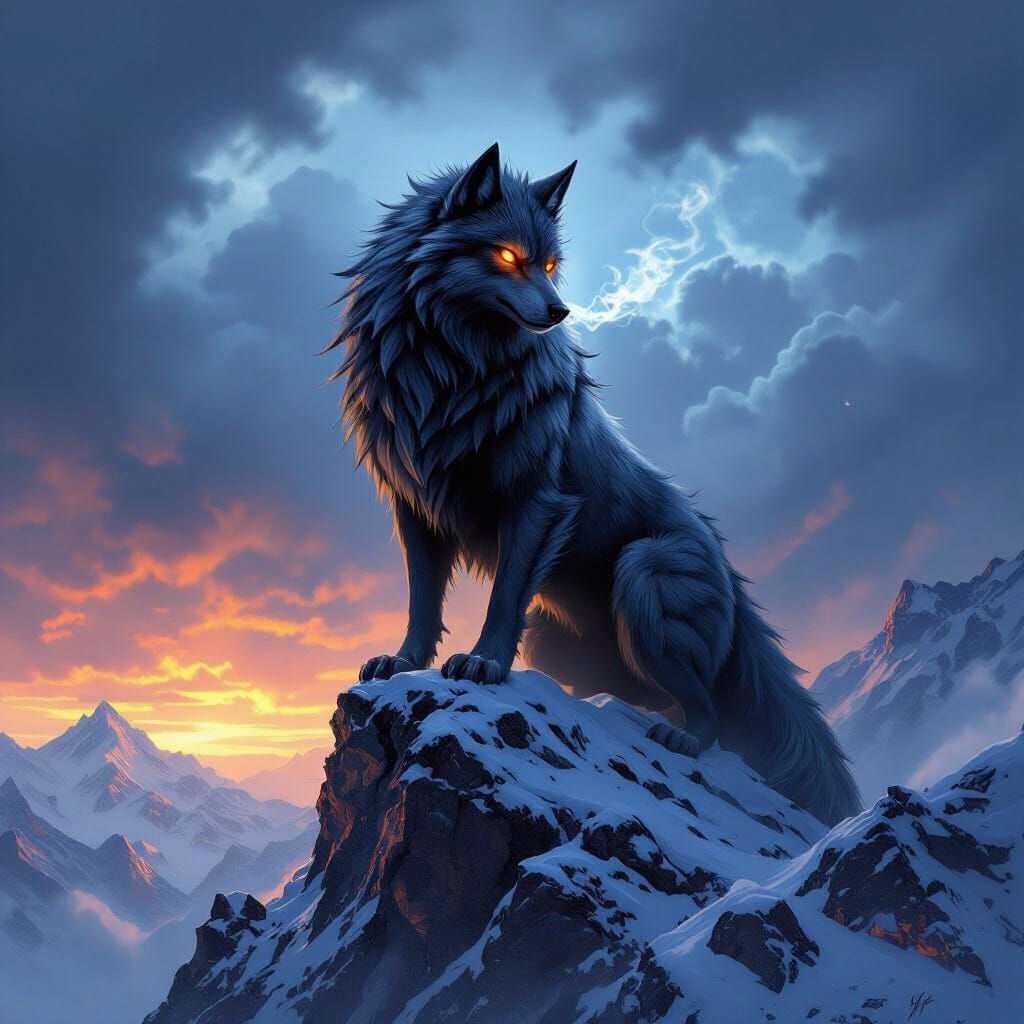 Majestic Wolf-Dragon Hybrid on Snowy Mountain Peak