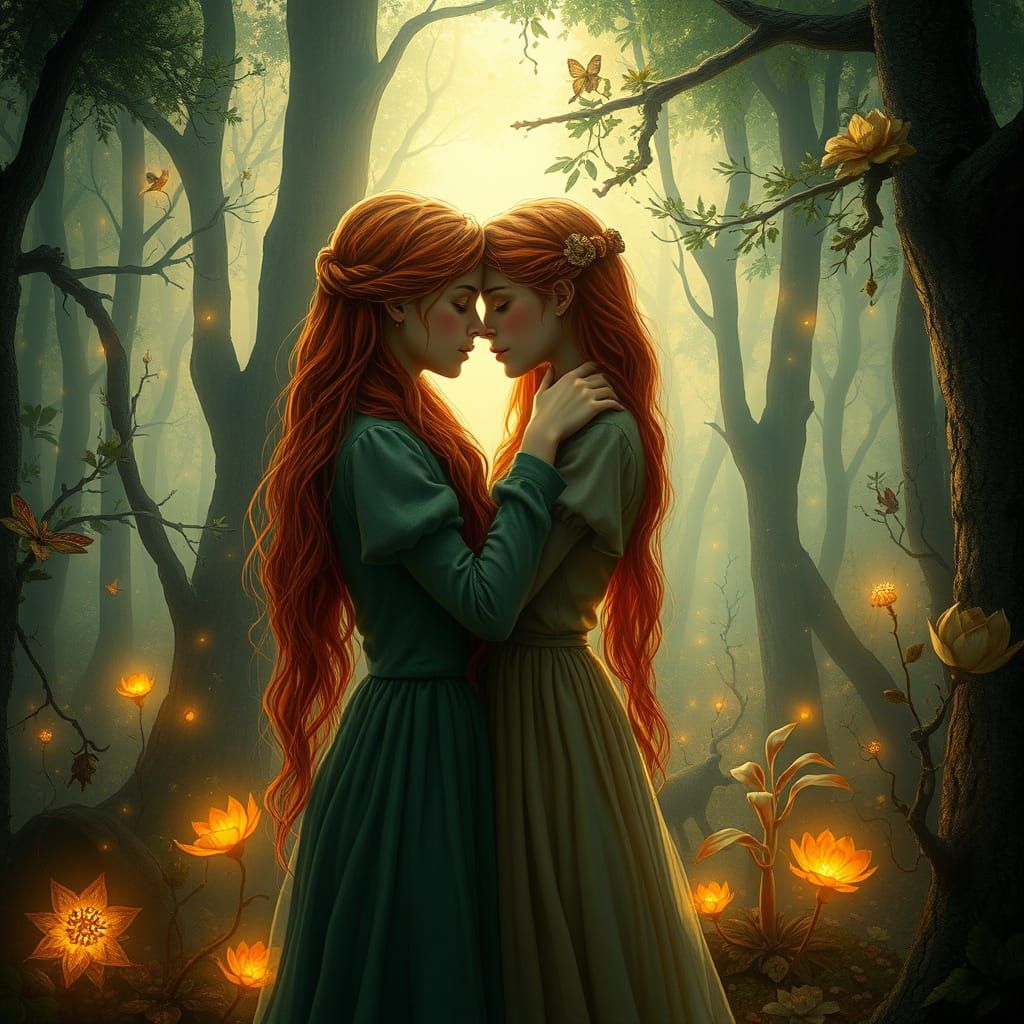 Two Redheaded Lovers Embrace in Enchanted Forest