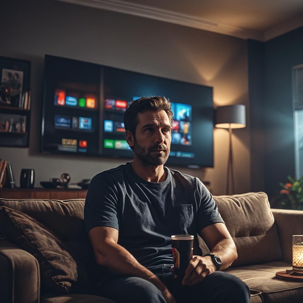 Man Watching TV in Dimly Lit Room: 3D Render