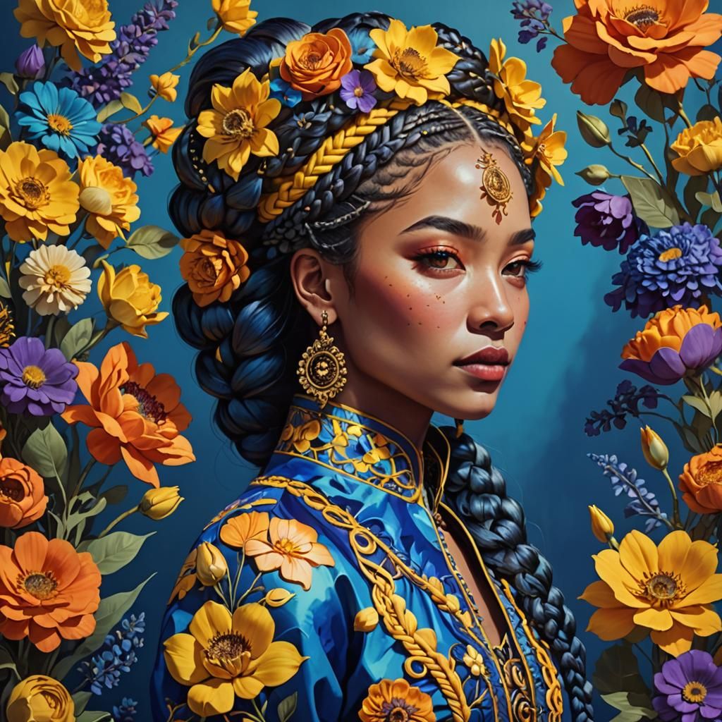 Woman with Braids and Oversized Flowers, Surreal Digital Art