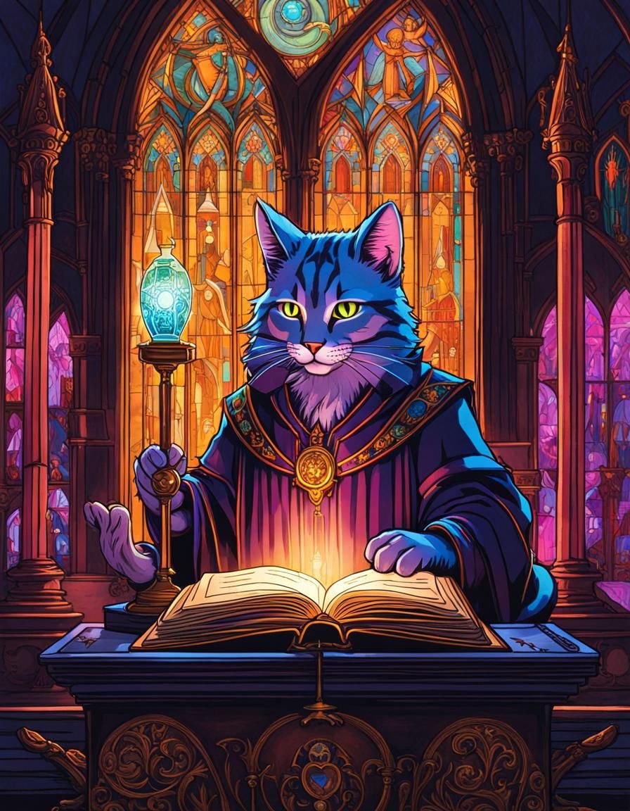 Anthropomorphic Cat Reads Glowing Book in Cathedral