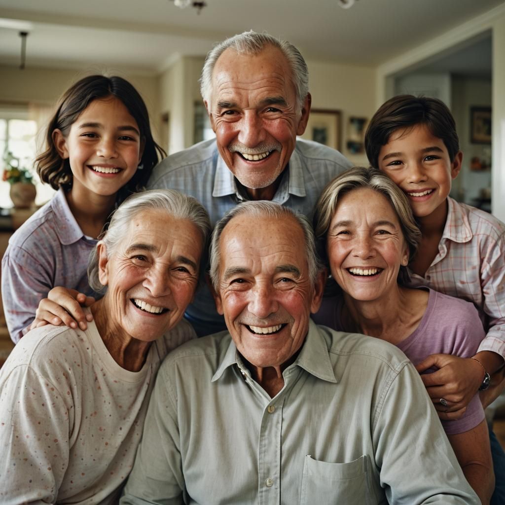 Happy Elderly Man Surrounded by Smiling Family Portrait