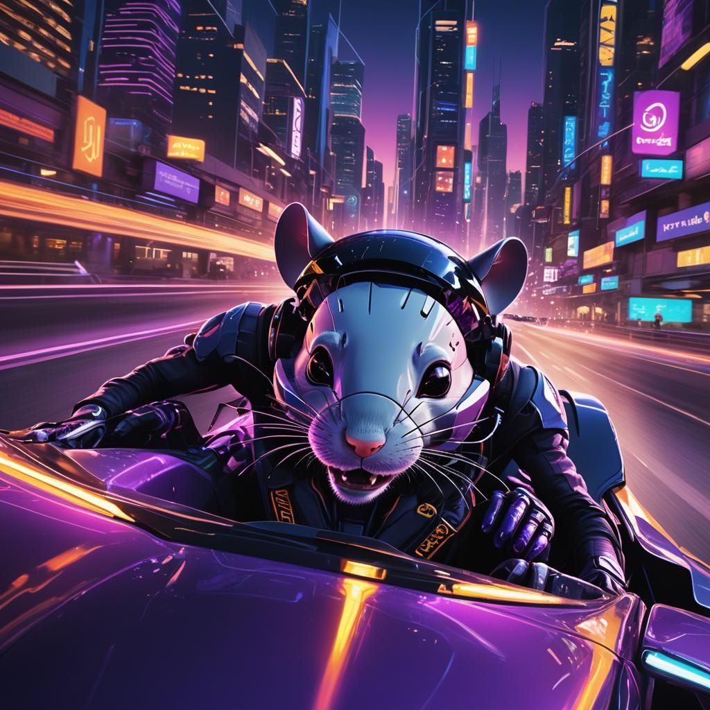 Mouse Races Through Neon Cityscape at Dusk