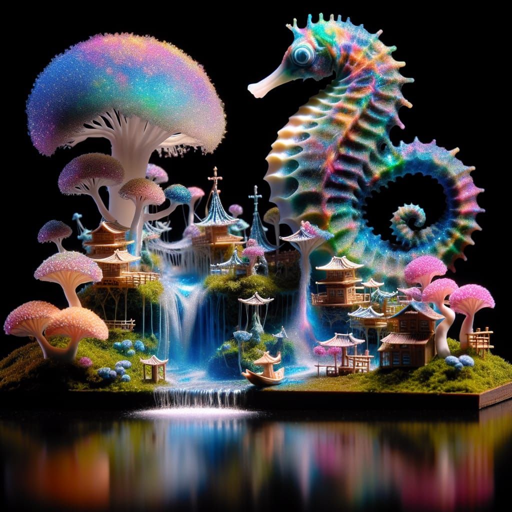 Psychedelic Seahorse Diorama in Double Exposure Photography