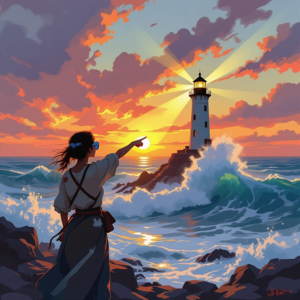 Coastal Lighthouse at Sunset in Romantic Realism Style