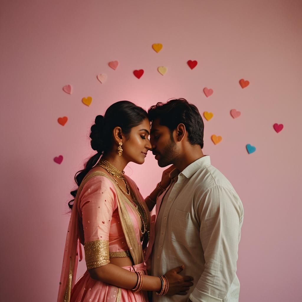 Indian Couple Kissing with Colorful Heart Backdrop