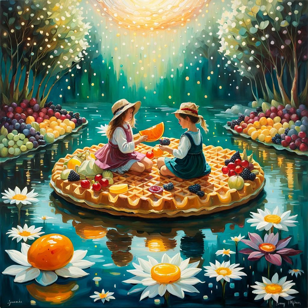 Children on Waffle Raft in Jelly River: Oil Painting