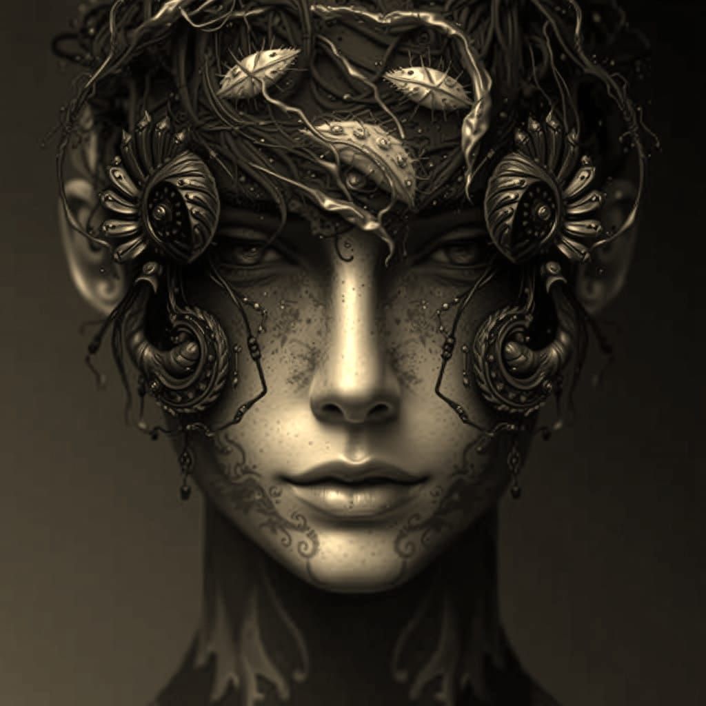 Surreal Portrait of Serenity in Dark Bronze and Gold