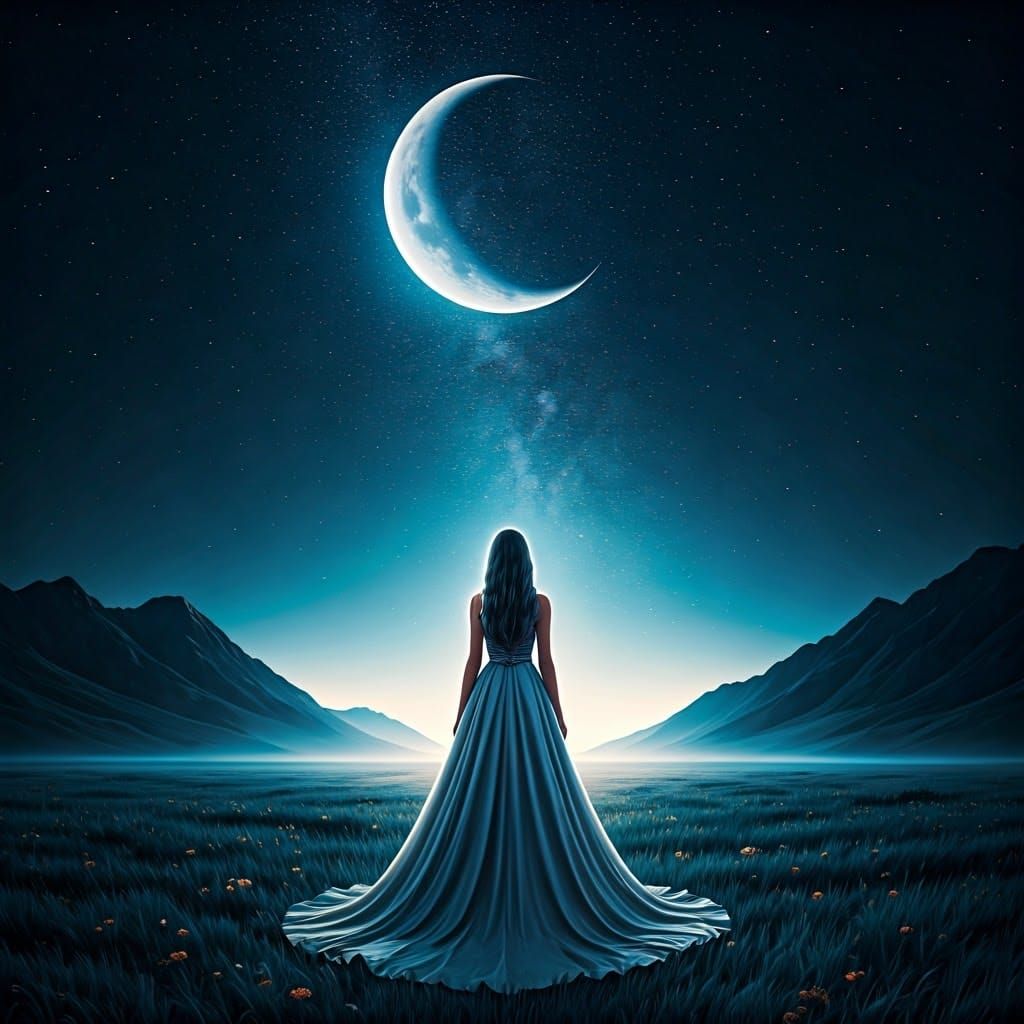 Moonlit Woman in Starry Meadow: Romantic Surrealism