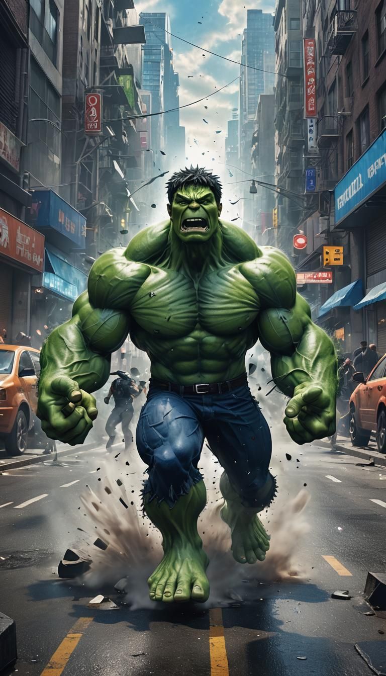 Hulk Smashing Through City in Anime Style