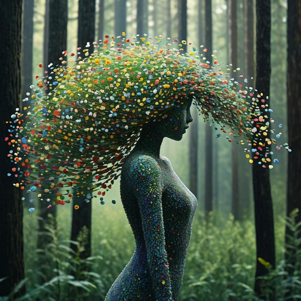 Pointillist Flower Woman in Overgrown Forest