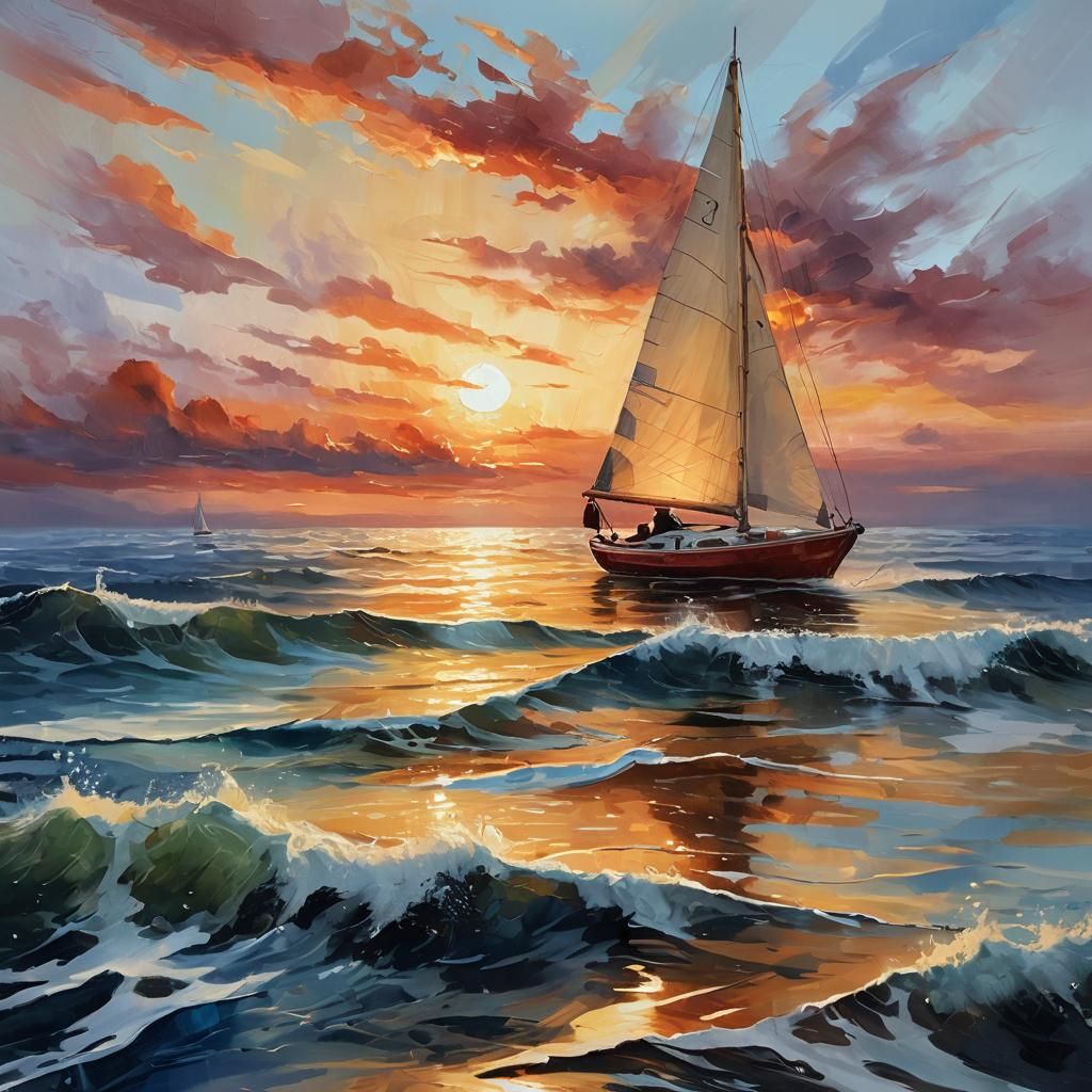 Scarlet Sunset Sailboat: An Impasto Oil Painting