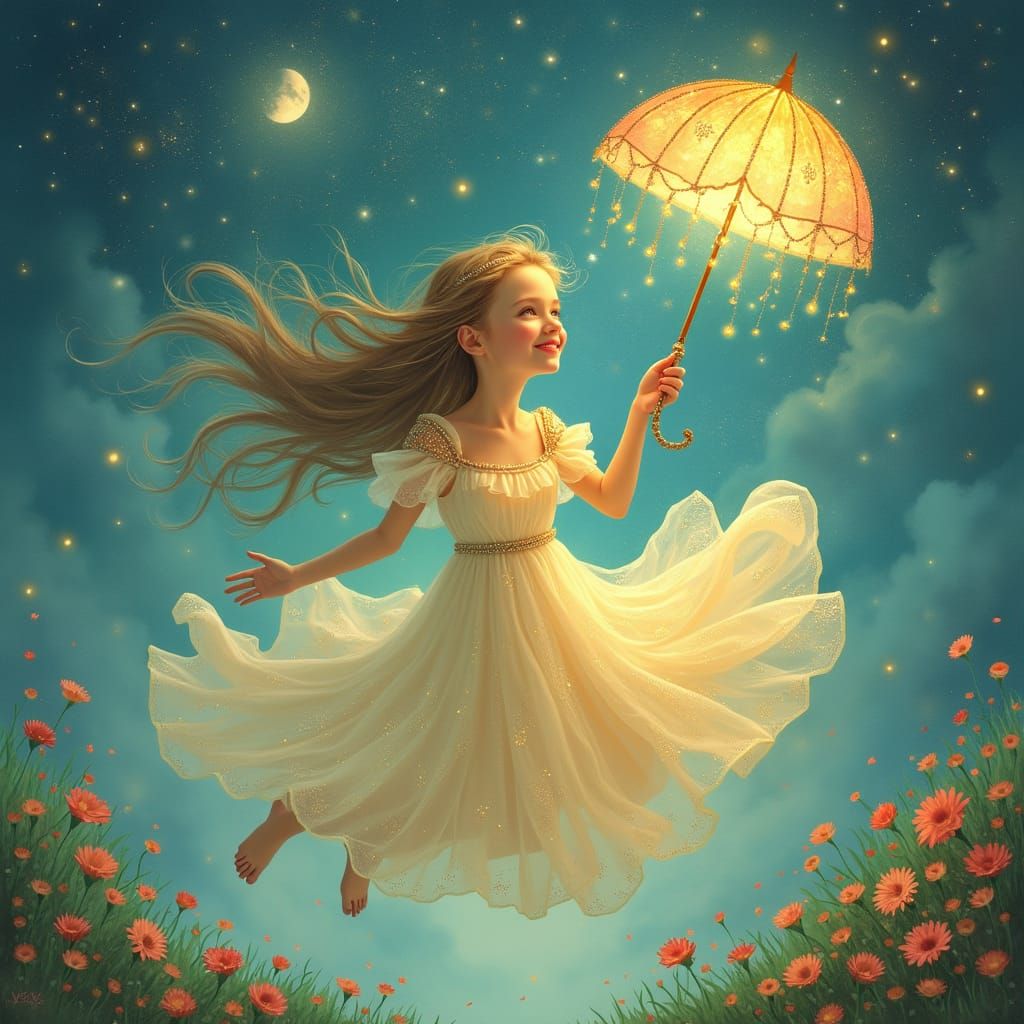 Ethereal Goddess in Luminous Gown Floats on Whimsical Winds