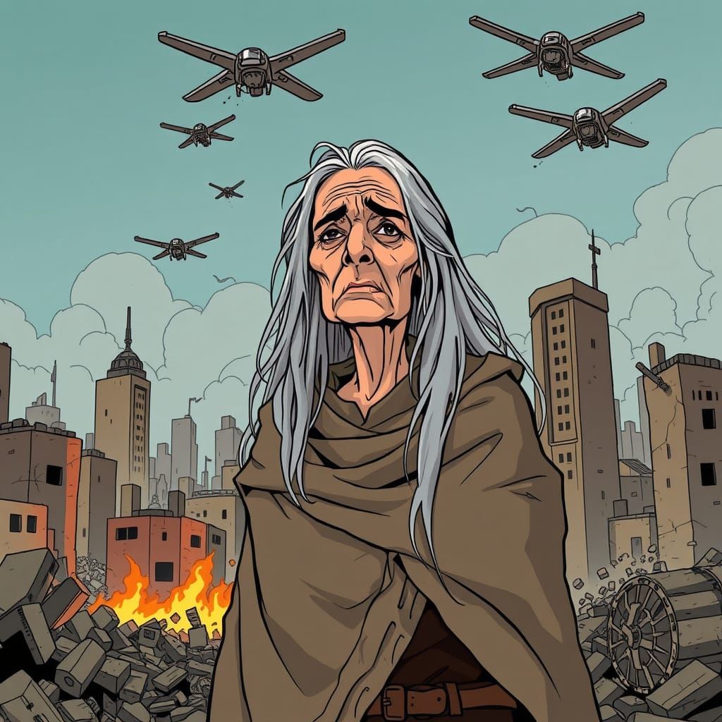 Defiant Elder in War-Torn Cityscape