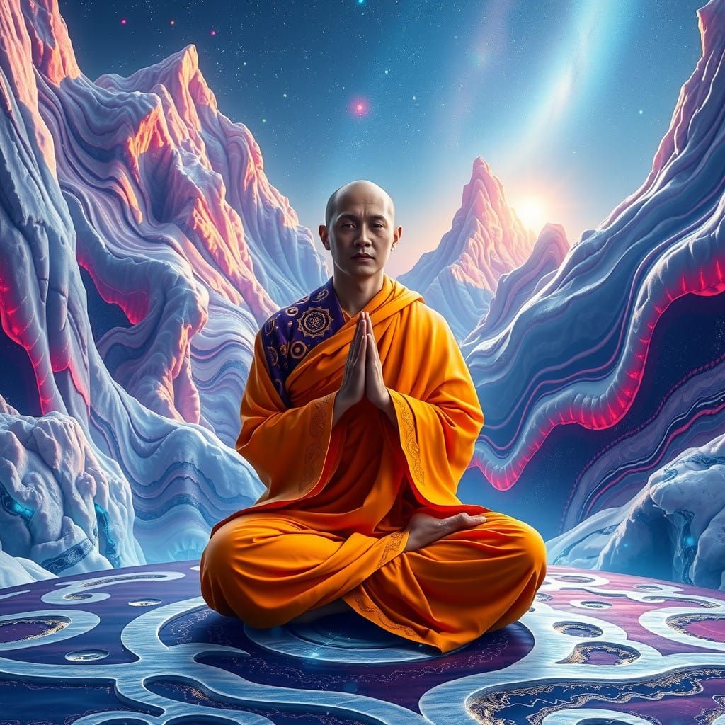 Ethereal Serafim Monk in Cosmic Ice Mountains