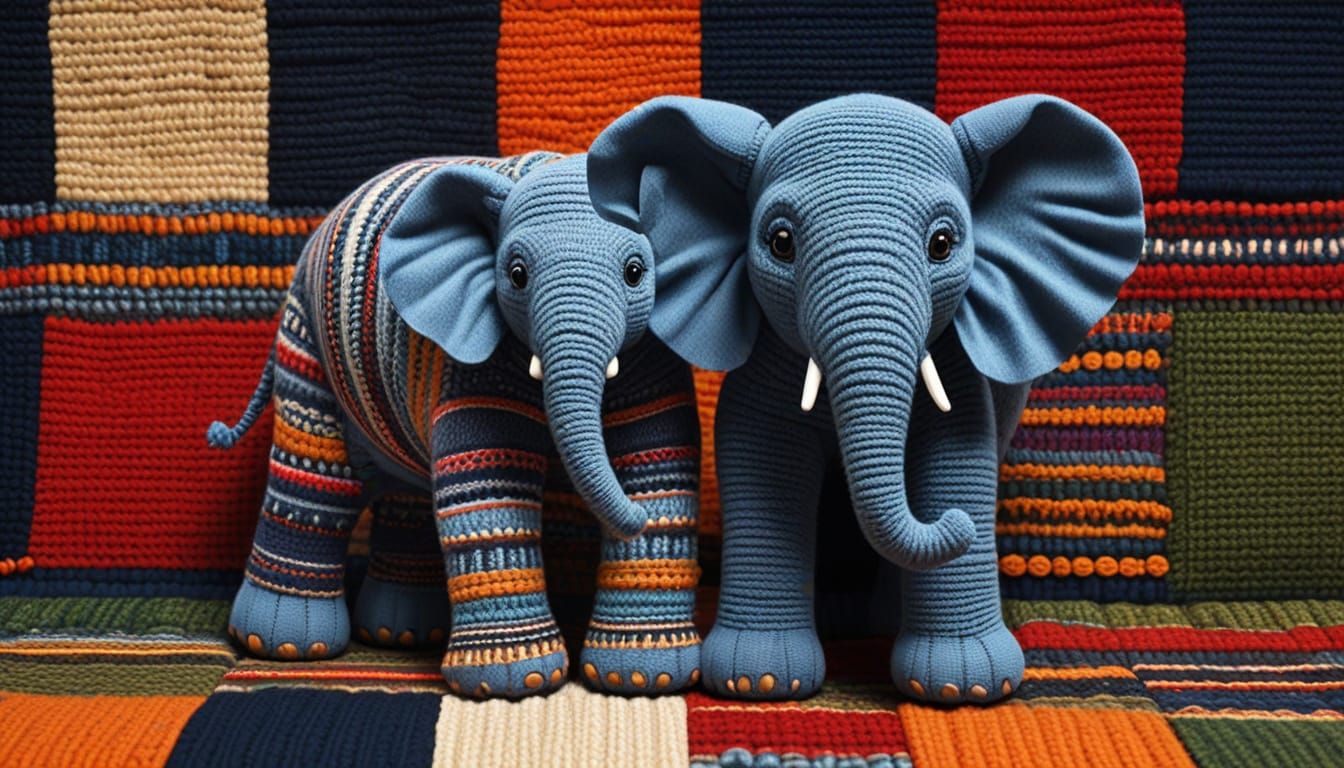 Vibrant Patchwork Elephants Sit on Navy Blue Rug