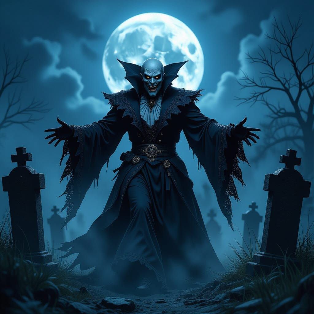 Terrifying Vampire Emerges from Smoky Graveyard