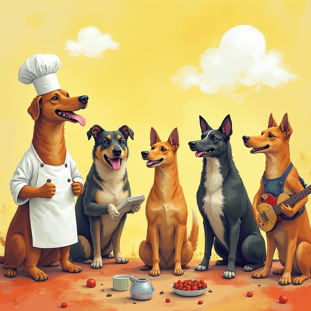 Playful Dogs in Human Roles: A Whimsical Artistic Blend