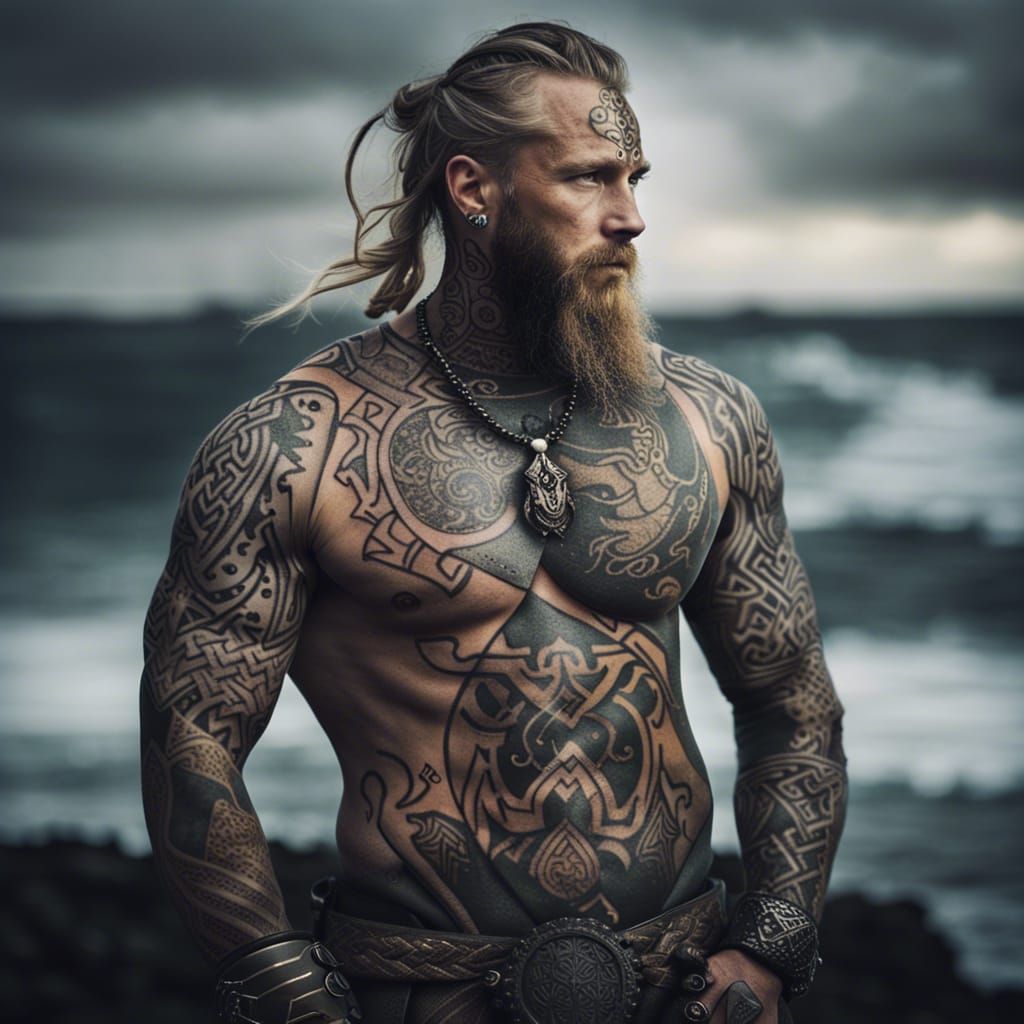 Viking God Portrait with Rune Tattoos