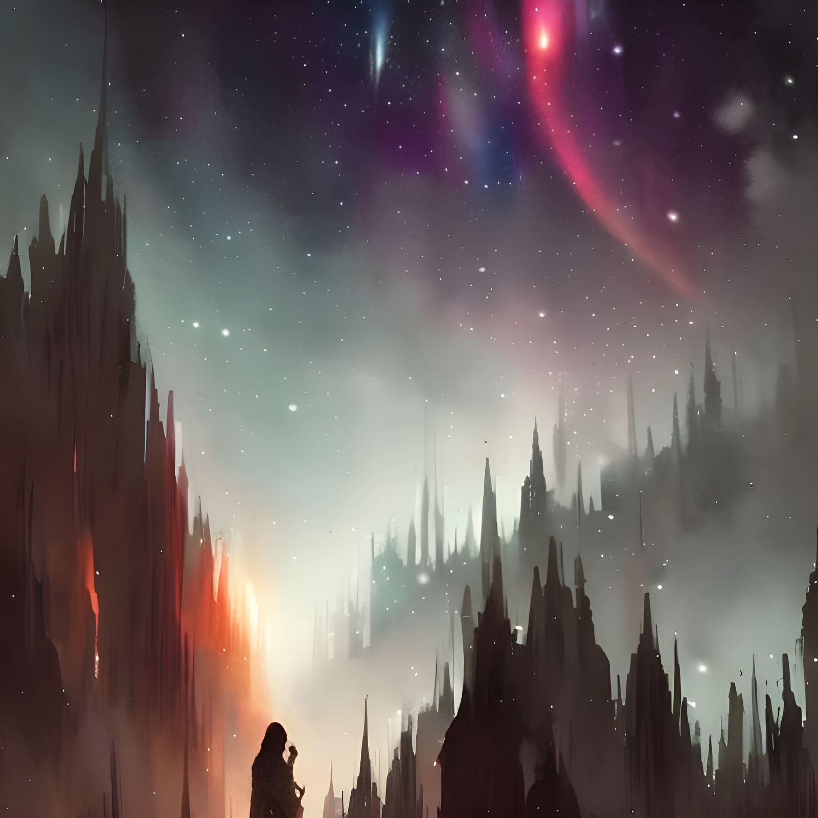 Aurora Borealis Over Village in Watercolor Style