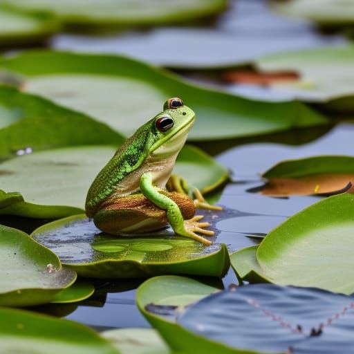 Frog on Lily Pad in Pond