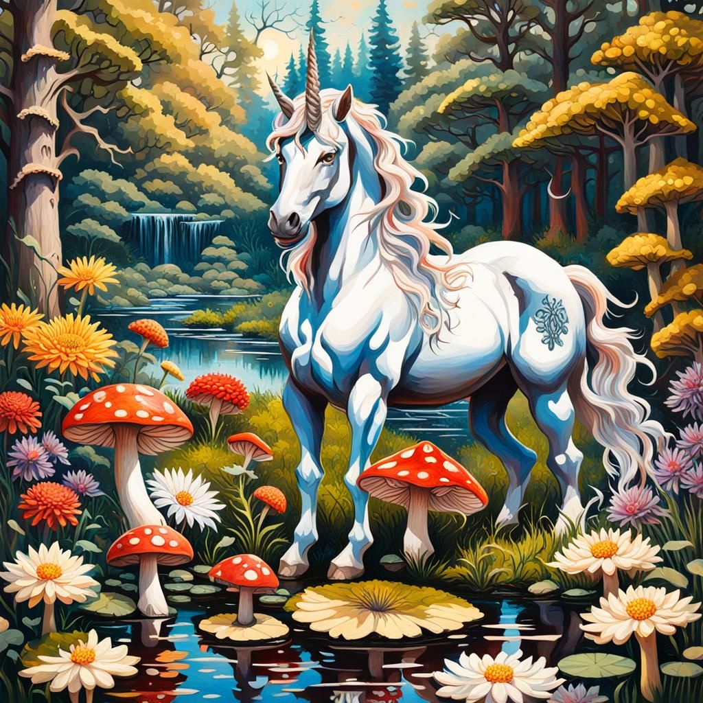 Gothic Unicorn in Magical Garden, Impressionist Oil Painting